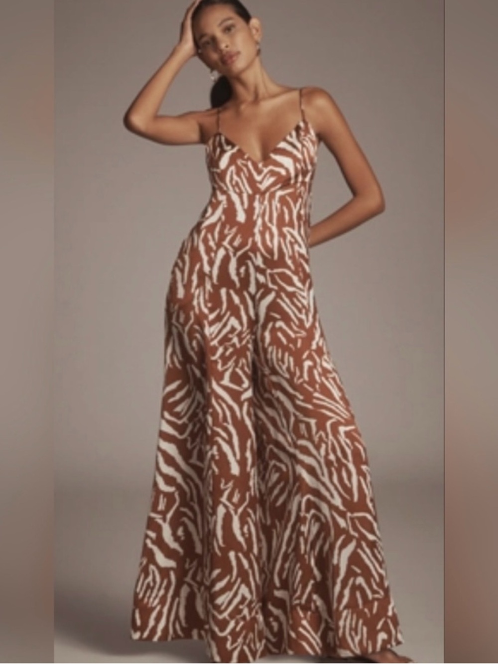 Anthropologie bishop + young Brown and White Spaghetti-Strap Wide-Leg Jumpsuit